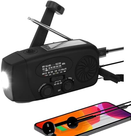 Radio de emergencia AM/FM/NOAA Weather,Cargador solar portátil USB para teléfono móvil con batería de 2000 mAh, generador de manivela LED para fallo de energía, camping negro
