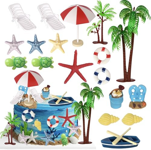 Xsstarmi Hawaiian Beach Cake Topper Decoration Umbrella Chair Palm Tree Summer Beach Cake Toppers for Hawaiian Theme Baby Shower Birthday Wedding Party Cake Decorations Supplies