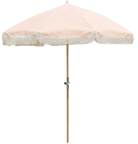 Générique 180cm Parasol Extérieur Pliable À Rayures Orange, Parasol de Plage Inclinable avec Franges, Parasol de Jardin Portable À Poteau en Bois, Protection UV50+