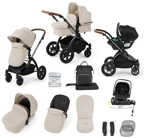 Ickle Bubba Luxe Pram, Nimbus Car Seat (Black/Stone/Tan) | 180° Spin ISOFIX Base Convertible Pram and Pushchair, Birth to 22kg (Approx. 4 Years)