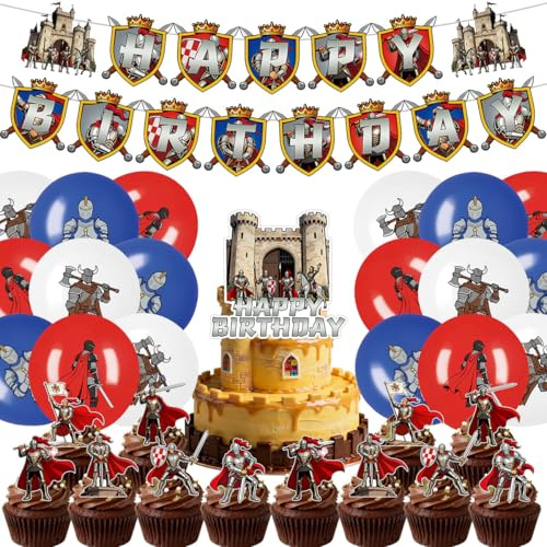 Fuwraixis Mittelalterliche Ritter Ballon dekoration, 32 Stück Spartan Warrior Party dekorationen set, Enthält banner, Kuchen-Plugin und Latexballons, für Retro Geburtstagsfeiern