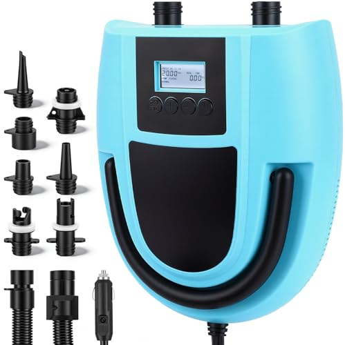 Pompa Elettrica per SUP, 12V con Spegnimento Automatico, Pressione Regolabile fino a 20 PSI e Display Digitale – Pompa ad Aria Elettrica con 7 Ugelli per Barche, Materassini, Piscine e Gommoni (Blu)