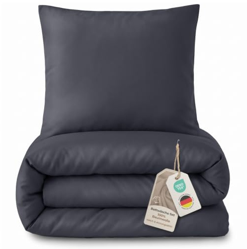 LAYNENBURG Premium Mako Satin Bettwäsche in 135x200 + Kissenbezug 80x80 cm - 100% Baumwolle – Oeko-TEX 100 - kühlende, temperaturausgleichende Sommer-Bettwäsche mit Reißverschluss (anthrazit)