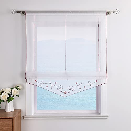 ESLIR Raffrollo mit Schlaufen Raffgardinen Gardinen Küche Transparent Schlaufenrollo Vorhänge Bestickt Modern Voile Rot BxH 120x140cm 1 Stück