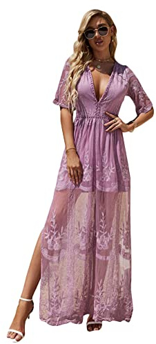 Eleter Women's Deep V-Neck Lace Romper Short Sleeve Long Dress - Purple - Medium