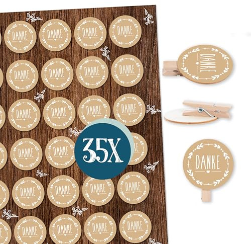 Holzklammern mit Danke-Stickern, 35 Stück: Wäscheklammern Natur mit Dankeschön Aufklebern, Holzwäscheklammern zum Basteln & für Give-Aways, Vintage Mini Deko, Geschenk Hochzeit, Beige & Weiß, 4 cm