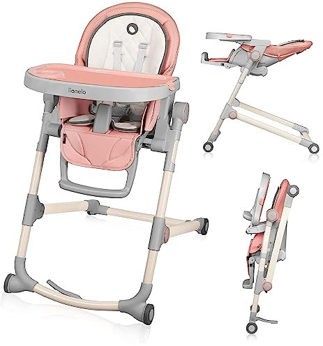 LIONELO Cora Kinderhochstuhl, hoher, verstellbarer Stuhl, abnehmbares Tablett, rutschfest, 6 bis 36 Monate, 5-Punkt-Sicherheitsgurt, Belastbarkeit bis 15 kg (Rosa)