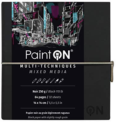 Clairefontaine 975434C - Skizzenbuch mit Fadenbindung, 64 Blatt Zeichenpapier PaintOn Schwarz 14x14 cm 250g, Gummizugverschluss, Softcover Schwarz