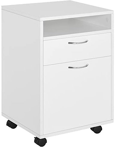 HOMCOM 60cm Filing Cabinet with Drawer, Open Shelf, Metal Handles and 4 Wheels, Office Home Organiser Mobile Printer, White