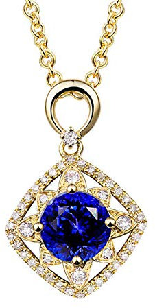KnSam 18K Yellow Gold Womens Necklace, Flower 4 Claws Round Brilliant Shape Blue Tanzanite 1.29ct IF and 0.23ct Diamond Gold