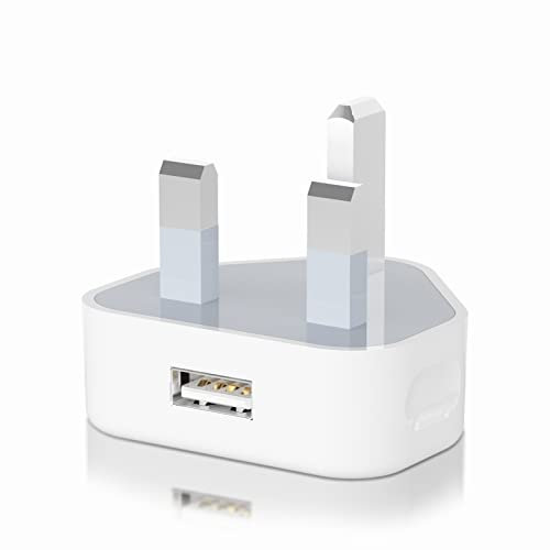 UK 3 Pin Mains USB Wall Charger Plug Adaptor - Compact Phone Charge Head 5V/1A/5W for iPhone 14/13/12 Pro/11 Pro/XS Max/XR/X/8/7/6 Plus/5S/iPad, Samsung, MP3, USB Devices