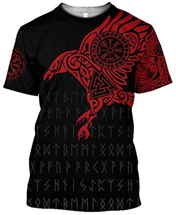 BBYOUTH Wikinger T-Shirt, 3D Bedruckter Nordischer Mythos Thor Hammer Fenrir Wolf Tattoo Kurzarm Cosplay Shirt (11 USA Größe),Red Ravens,XL