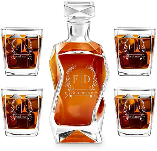 Maverton Set Decanter per Whisky in vetro - da 700 ml - incisione personalizzata - Caraffa con 4/6 bicchieri - idea regalo per l’anniversario - per la coppia di sposi o fidanzati - Fiori di campo