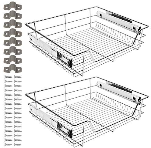 Faziango Teleskopschublade Küchenschublade 2 X 60cm Schrankbreite Einhängeschublade Korbauszug Aufbewahrungskorb Schublade Einbau, Teleskop Korb für Küchenschrank, aus Metall