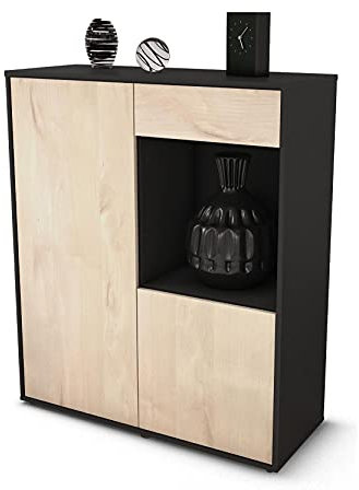 Stil.Zeit Highboard Lena, Korpus anthrazit matt, Front Holz-Design Zeder (92x108x35cm), Push-to-Open Technik & Leichtlaufschienen
