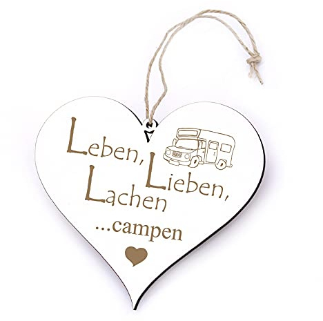 Schild Herz Leben, lieben, lachen - Campen - mit Wohnwagen Gravur - 13 x 12 cm