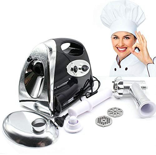 Elektrischer Fleischwolf 2800W, Wurstfüller Multi Küchenmaschine, 1.5Kg/Min, Wurstmacher mit 3 Mahlplatten und Wurstfüllrohren für Fleisch, Kebbe, Gemüse, Salat (Schwarz)