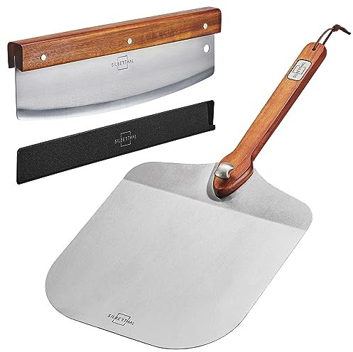 SILBERTHAL Pizzaschieber Set 30cm 2tlg - Mit Profi Pizzaschneider - Zubehör Set aus Edelstahl mit Akazienholz - Ideal für Pizza, Brote und Kuchen im Heimofen - Spülmaschinenfest