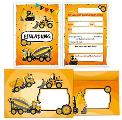 Junapack 12 Einladungskarten incl. 12 Umschläge zum Kindergeburtstag Jungen Baustelle Geburtstagseinladungen