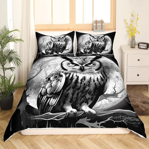 Eule Bettwäsche Schwarz und weiß 220x240cm Kinderbettwäsche Jungs 3D Boho Eule Bettbezug Set Mädchen Vogel Bettwäsche Set Böhmen Exotisch Stil Mond Safari Tier Drucken Bettwäsche Nachtigall Dekor