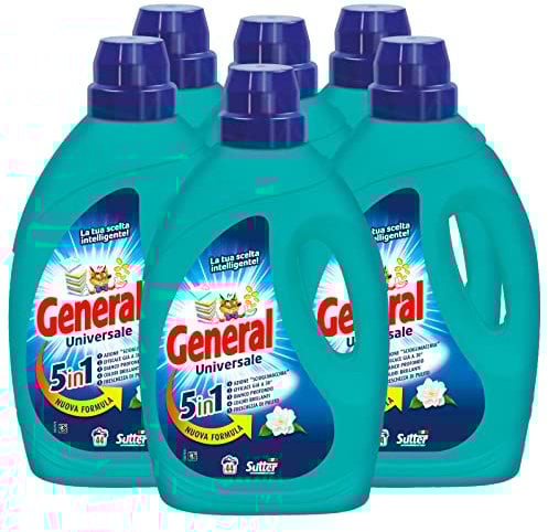6x detersivo liquido General Universale 5in1 per Lavatrice 44 Lavaggi - 6 Flaconi da 1,98L ognuno