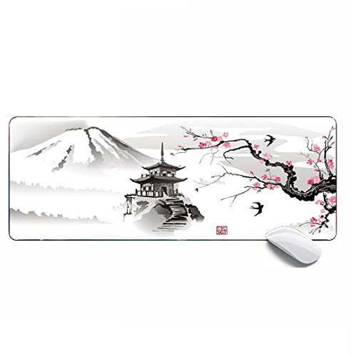 Hübsches Gaming-Mauspad, japanische Kunstmalerei, Kirschblüte, erweitertes großes Mauspad, Schreibtischunterlage, 80 x 30 x 0,3 cm, genähte Kanten