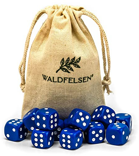 Waldfelsen 6, 12, 20, 30 oder 50 hochqualitative Würfel Standardgröße 16 mm Acrylwürfel Knobel Spielwürfel Dice 6-seitig sechsseitig Spielzubehör Set mit Stoffbeutel (Blau, 12 Stück)