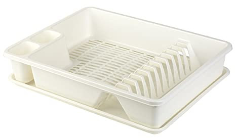 Engelland Abtropfgestell, Abtropfgitter, Farbe: Creme-Weiß, Geschirrständer, Küche, Abtropfschale, Geschirrkorb, Abtropfkorb, aus Kunststoff, für bis zu 11 Teller, L 42 x B 32,5 x H 8,5 cm