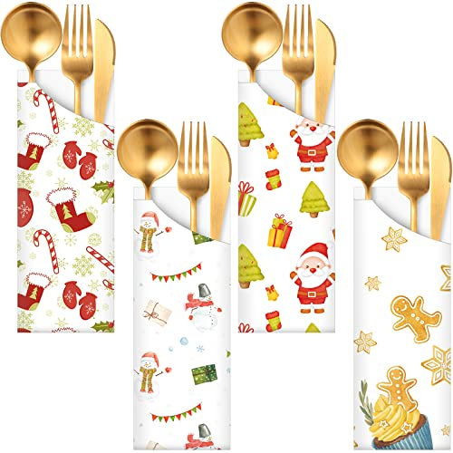 Roowest 100 Stück Weihnachts-Bestecktaschen, Einweg-Weihnachtsutensilien, Besteckhalter, Papier, Weihnachten, Besteck, Geschirrhalter, Tischdekoration, 4 Stile (Weihnachtsmann)