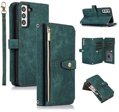 UEEBAI Hülle für Samsung Galaxy A54 5G, 9 Kartenfäche Retro Leder Geldbörs Flip Case mit Umhängegurt Handschlaufe Standfunktion Reißverschluss Handyhülle Magnetverschluss Wallet Stoßfest – Retro Grün