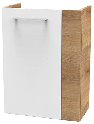 FACKELMANN Milano Waschbeckenunterschrank schmal – Unterschrank für Waschtisch im Gäste-WC (44 cm x 60 cm x 24,3 cm) – Türanschlag Links – SBC Badezimmerschrank hängend in Braun hell/Weiß