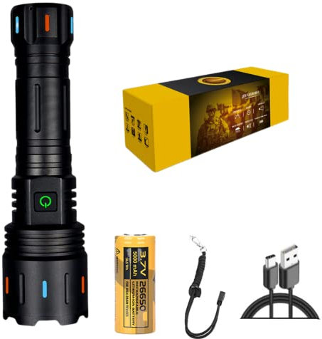 LED Taschenlampe 5800 Lumen, Wasserdicht IPX6 USB Aufladbar Fackel 5 Lichtmodi, Zoombar, Taschenlampe Batteriebetrieben, für Auto Notfall Survival Camping Outdoor Militär Polizei