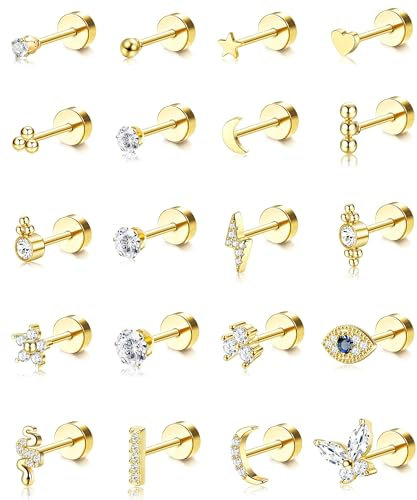 FIOROYAL 20 Pieces Tiny Cartilage 20G Hypoallergen Medizinische ohrstecker Knorpel Helix Ohrringe Stern Mond Ball Schlange Zirkonia Flatback Piercing Ohrringe Set für Damen Herren Gold