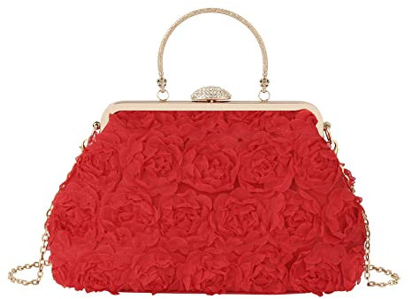 MilyaDE Damen Clutch Blumen Elegante Brauttasche Hochzeit Party Kleidertasche Abendtasche Handtasche mit Kette Handgriff Kiss Lock, Rot
