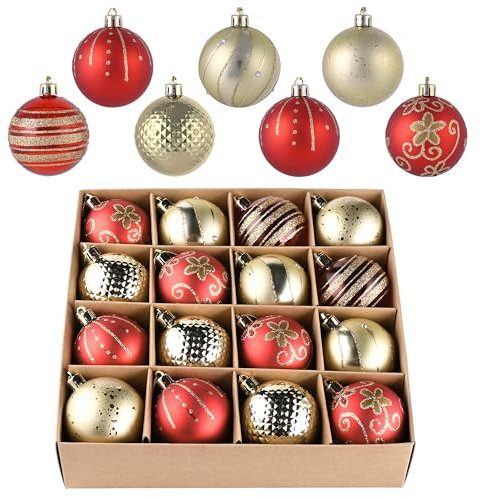 Valery Madelyn Christmas Baubles Set 16pcs 60mm, Traditional Red and Gold Christmas Ball Shatterproof Ornaments for Xmas Tree Decorations