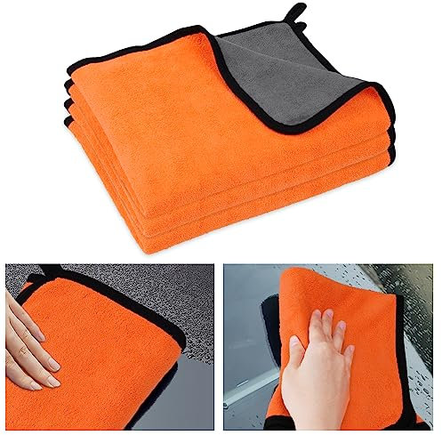 URAQT Microfibre Cleaning Cloths, 3 Pack Car Cleaning Cloths, Two-layer Thickened Microfibre Towels, Lint Free Super Absorbent Cleaning Towel for Car Washing, Drying, Detailing, Orange, 40x60cm