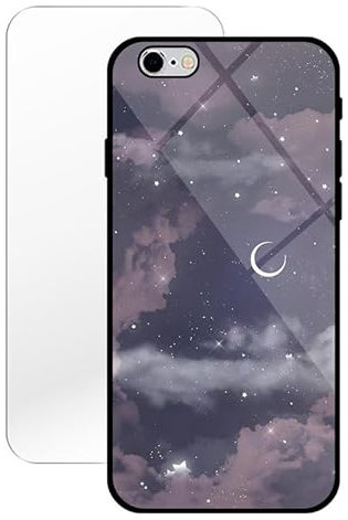 KARTXITAI Case compatible with iPhone 6 / 6S,Anti-Scratch Tempered Glass Hard Back & Soft TPU Bumper with Pretty Pattern-Starry Moon Star Clouds Protective Phone Cover+Screen Protector