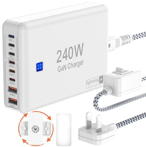240W Schnellladeblöcke, 8-Port Ladestation für iPhone/iPad/MacBook, 6C2A PD GaN Ladebox, USB Tower Hub 1.5M Geflochtenes Netzkabel mit Ein/Aus Schalter, Flachstecker, Travel Essentials