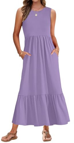 AUSELILY Vestito Lungo Estivo Donna Senza Maniche Vestito Donna Estivo Scollo Rotondo Vestito da Mare Spiaggia Lungo Abito Casual con Tasche XL Viola Chiaro