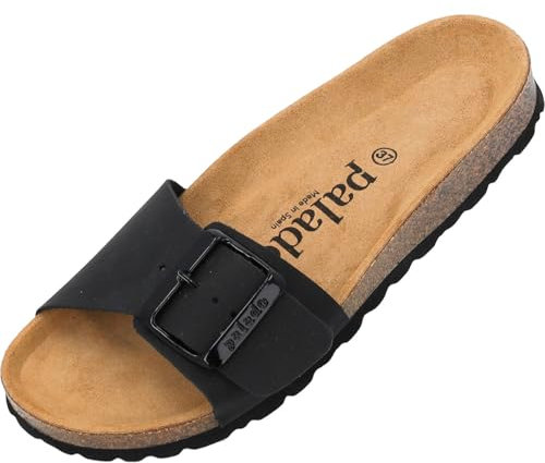 Palado Pantoletten Damen Malta EGS Matt Premium Leather - elegante Sandalen Made in Spain - bequeme Hausschuhe mit Kork-Fußbett - modische Sommerschuhe Schwarz UK9 - EU42