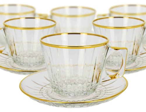 Lyros Türkische Teegläser Set, 6er Pack, Kristallglas mit goldenem Rand, Handverarbeitet, mit Untersetzer