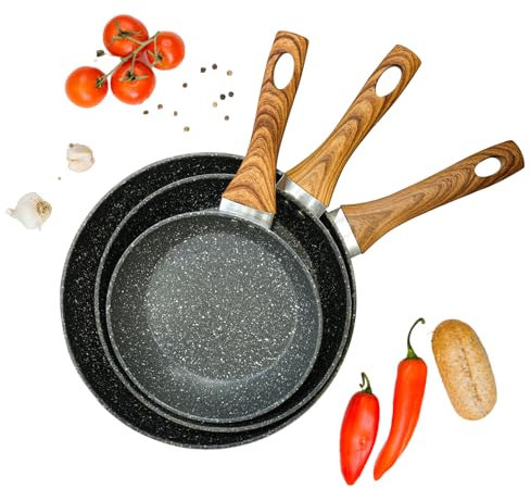 AEX Non-Stick Copper Frying Pan Set of 3 with Wooden Handles | Induction, Electric & Gas Hob Compatible | Anti-Scratch Skillet Pans | Kitchen Glora Non-Toxic Cookware for Oil-Free Cooking