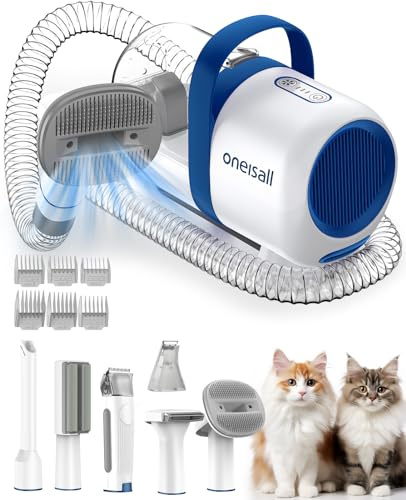 oneisall Aspiradora 6 en 1 y kit de aseo para gatos, aspiradora de aseo para gatos de bajo ruido de 50 dB con cortaúñas eléctricas, cepillo de aspiradora para gatos para aseo, con taza de polvo de 1,5