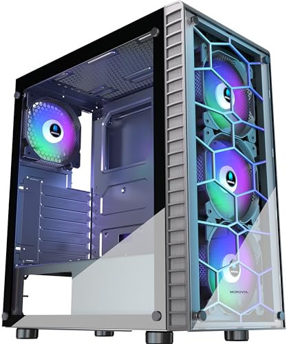 MOROVOL ATX PC Case 4 RGB Fans(Fix Color) Preinstalado, USB 3.0 ATX Gaming PC Case, Vidrio Templado Mid Tower Computer Case, Negro, R7