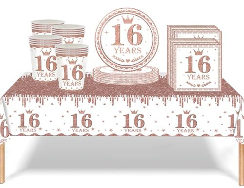 53Pcs Rose Gold 16th Birthday Party Tableware Decorations, Table Cloth Plates Napkins Cups Sets for Her Girls Birthday Table Decorations Gifts Dinnerware Supplies