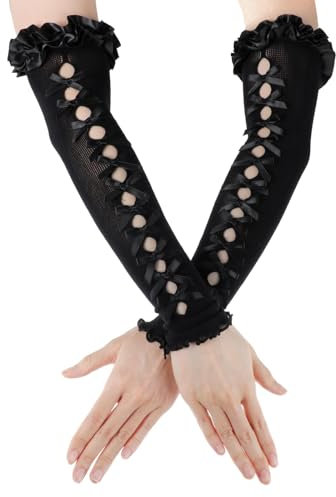 Lusofie Handschuhe Damen Lang mit Senkel Schwarz mit Schleife Langen Armstulpen Damen Spitze Lolita Gerüschte Spitzenärmel für Hochzeit Halloween Party Maskerade Cosplay Spitzenhandschuhe Lang