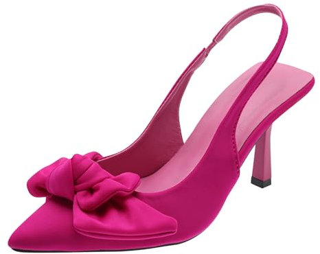 SOOUICKER Chaussures roses cerise pour femme à talons et bout pointu avec nœud aiguille et bride arrière sexy pour mariage, bal de fin d'année, sandales, rose cerise, 39 EU