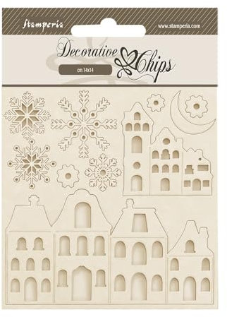 Stamperia - Decorative Chips for Scrapbooks, Albums, Cards, Bullet Journals and More, Cozy Houses, Laser Cut Cardboard Shapes, Easy to Glue, Perfect for Crafts and Gifting (Gear up for Christmas)