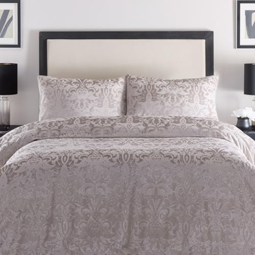 Laurence Llewelyn-Bowen - Linen Embossed Damask Duvet Cover - Super King Bedding Size (260 x 220cm) - 2 Pillowcases - Cream Linen Velvet Damask Bedding - Luxury Bedding Set - Jacquard Duvet Set