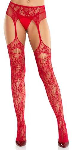LEG AVENUE Damen Bloom Net Stockings With Cut-out Thigh Detail And Attached Garter Belt Netzstrümpfe mit Strumpfgürtel (1er Pack)